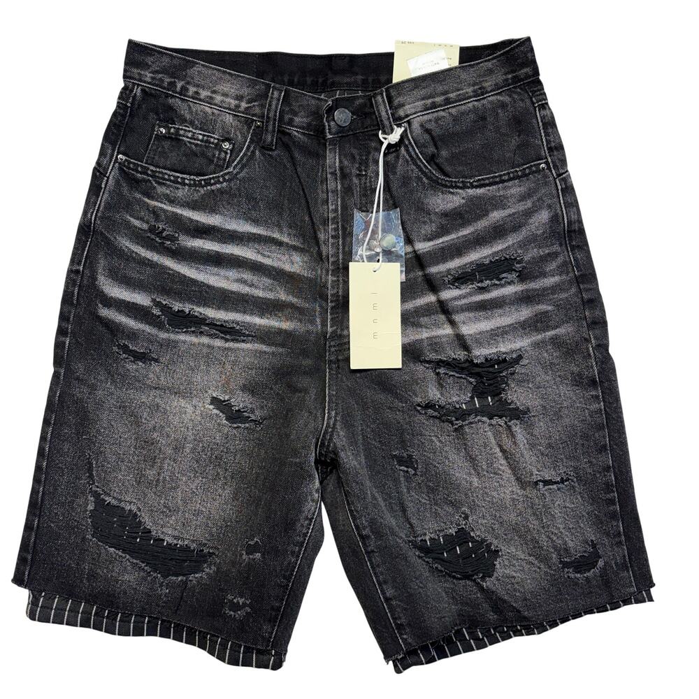 MNML Shorts 29 Men Washed Black Denim Ultra Baggy Slack Lined Ripped Jorts NWT